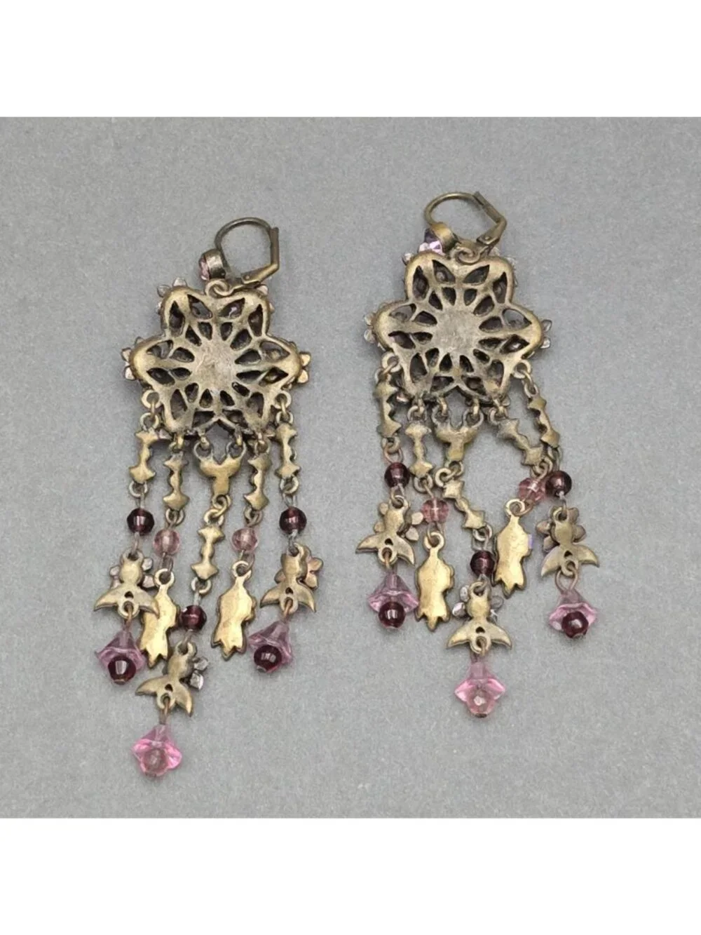 Vintage Michal Negrin Brass Dangle Earrings 4.75" Pastel Floral Crystal Drop - Picture 8 of 11